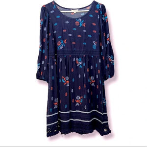Floral Dark Blue 3/4 Sleeves XS Chic Mini Dress BNWT